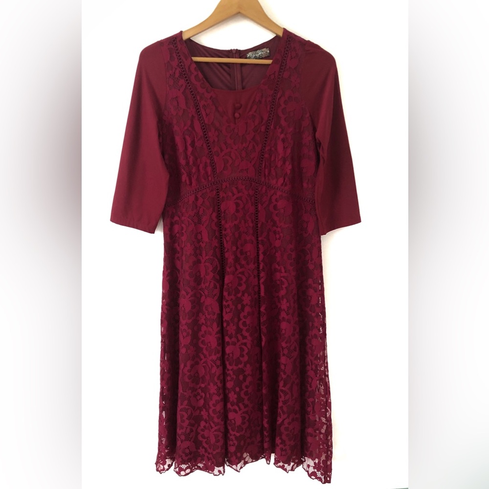Women's SIze L Burgundy Lace Flowy Midi Dress 3/4 Sleeve Party Formal Wedding